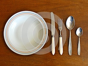 Tableware Cutlery and Plate On Wooden Table