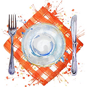 Tableware, cutlery, plates for food, fork, table knife and a cloth napkin. watercolor background illustration