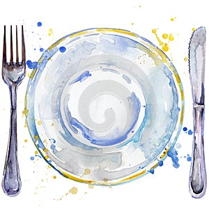 Tableware, cutlery, plates for food, fork, table knife watercolor background illustration