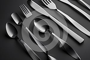 Tableware cutlery spoons, forks, and knives on a black surface, Ai generated