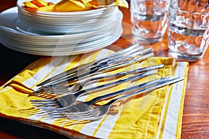 Tableware and decorations for serving a festive table. Plates, glasses and cutlery with decorative textile