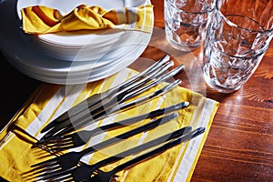 Tableware and decorations for serving a festive table. Plates, glasses and cutlery with decorative textile