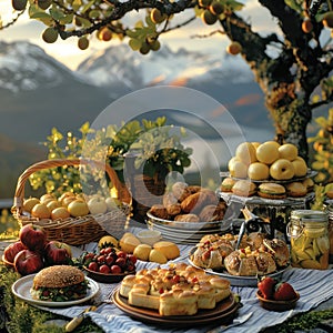 Tableware and serveware on a picnic blanket in a park with a natural landscape