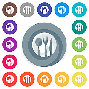 Tableware set solid flat white icons on round color backgrounds