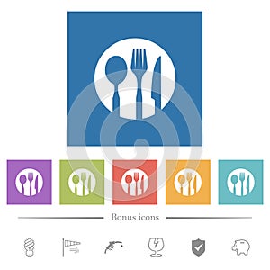 Tableware set solid flat white icons in square backgrounds