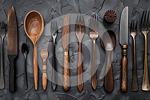 Tableware set with wooden spoons, forks, and knives for household silver. Ai generated