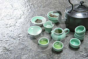 Tableware for traditional asian tea ceremony. Teapot nad cups