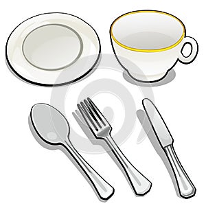 Tableware on white background. Mug and saucer of porcelain, tea spoon, fork and butter knife made of metal