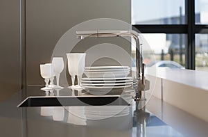 Tableware on worktop.