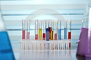 Tablework lab with samples in tubes test scientist