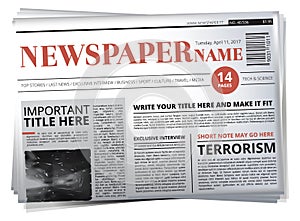 Tabloid headline template. Folded newspaper article and photo