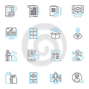 Tabloid press linear icons set. Sensationalism, Scandals, Gossip, Sleaze, Shock, Clickbait, Exaggeration line vector and