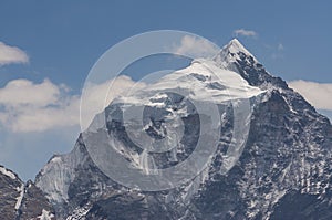 Taboche mountain peak view from Renjo la pass in Everest base camp trekking route, Himalaya mountains range in Nepal
