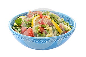 Tabouli salad in blue bowl