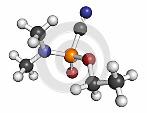 Tabun nerve agent molecule (chemical weapon). Atoms are represented as spheres with conventional color coding: hydrogen (white),