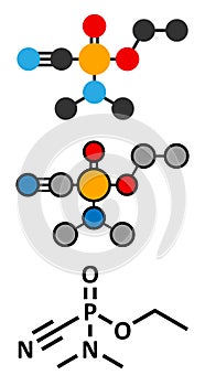 Tabun nerve agent molecule chemical weapon. Stylized 2D renderings and conventional skeletal formula.