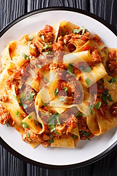Taccozzette con Stracotto pasta with braised pork ragu close-u