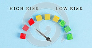 Tachometer high and low risk, pointer is showing to the red risky scale, financial credit and business score photo
