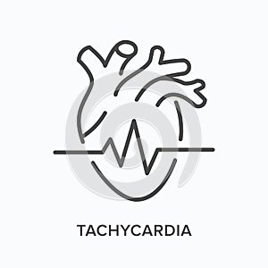 Tachycardia flat line icon. Vector outline illustration of heart and cardiogram. Black thin linear pictogram for ecg