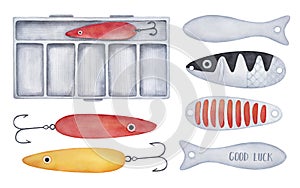 Tacklebox and various fishing tools and artificial lure sketch collection.