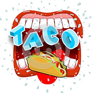 Taco acute Mexican food. Open your mouth and protruding tongue.