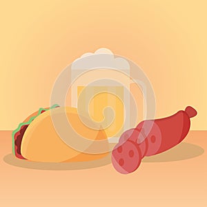 Taco beer and sausage food menu in cartoon flat
