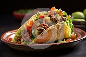 taco filled with meat and vegetables, featuring a whole chili pepper