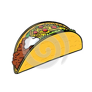 Taco, ground meet with vegetables and cheese in folded tortilla illustration