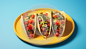 Taco plate with grilled beef, tomato, and guacamole generated by AI