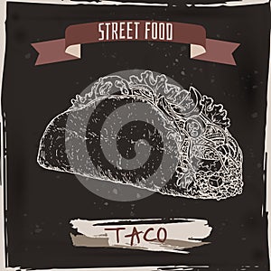 Taco sketch on black grunge background. Mexican cuisine.