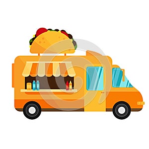 Taco truck. Street fast food truck, takeaway restaurant, street market. Vector