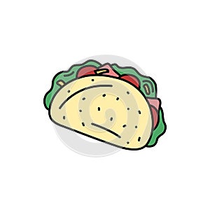 Taco vector doodle element isolated. Hand drawn outline illustration of traditional mexican food with tortilla, meat, salad. Hand
