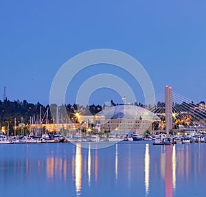 Tacoma dome with boats and Marina. City downtown at night. photo