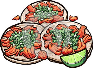 Mexican cartoon tacos al pastor with onions and cilantro photo