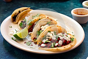 Tacos al pastor on a plate at a restaurant table photo