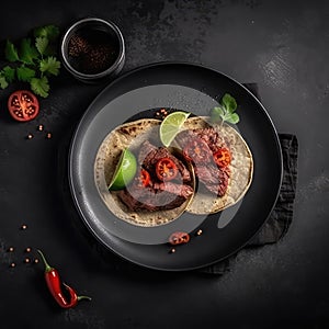 Tacos De Carne Asada On Black Smooth Round Plate On Isolated Transparent Background Mexican Food. Generative AI photo