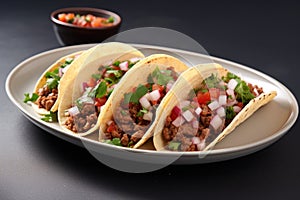 Tacos De Lengua On White Smooth Round Plate On Isolated Transparent Background Mexican Food photo