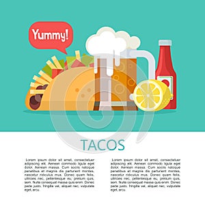 Tacos. Delicious Mexican fast food in corn tortillas. Vector il