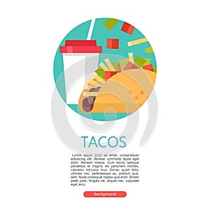 Tacos. Delicious Mexican fast food in corn tortillas. Vector il