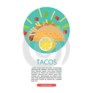 Tacos. Delicious Mexican fast food in corn tortillas. Vector il