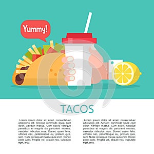 Tacos. Delicious Mexican fast food in corn tortillas. Vector il