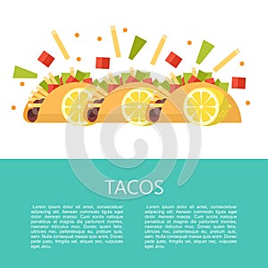 Tacos. Delicious Mexican fast food in corn tortillas. Vector il