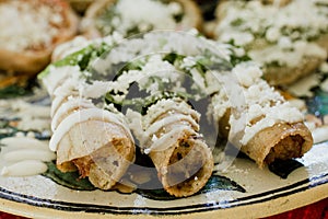 Tacos dorados, flautas de pollo, chicken tacos and spicy Salsa Homemade Mexican food in mexico photo