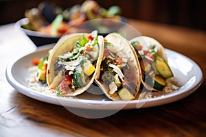 tacos with grilled veggies and feta cheese, focus on cheese crumbles