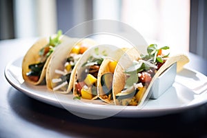 tacos with grilled veggies and feta cheese, focus on cheese crumbles