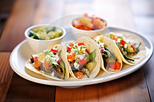 tacos with grilled veggies and feta cheese, focus on cheese crumbles