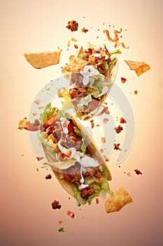 Tacos with meat and vegetables flying in the air on a yellow background.