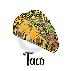 Tacos - mexican traditional food. Vector vintage engraved illustration for menu, poster, web. Isolated on white background.