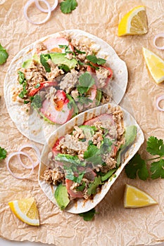 Tacos with Plant based canned tuna and vegan crab