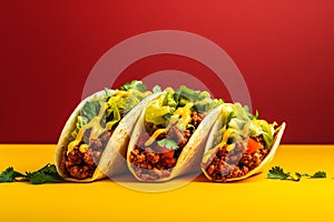 Tacos tasty fast food street food for take away on yellow background
